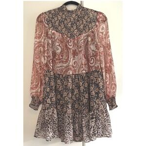 ZARA Mixed Print High Neck Tiered Mini Dress Long Sleeve Boho‎ Leopard Paisley